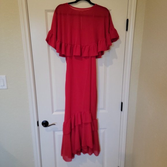 Cosmina Dresses & Skirts - Cosmina Womens Red Ruffle Tiered Maxi Dress Size L Sheer Overlay New